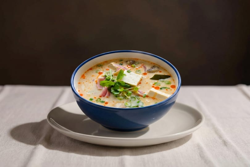 Creamy soup with tofu, red onions, and green herbs in a blue bowl on a white tablecloth.