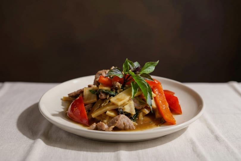 Stir-fried pork with bamboo shoots, red bell peppers, and basil on a white plate.