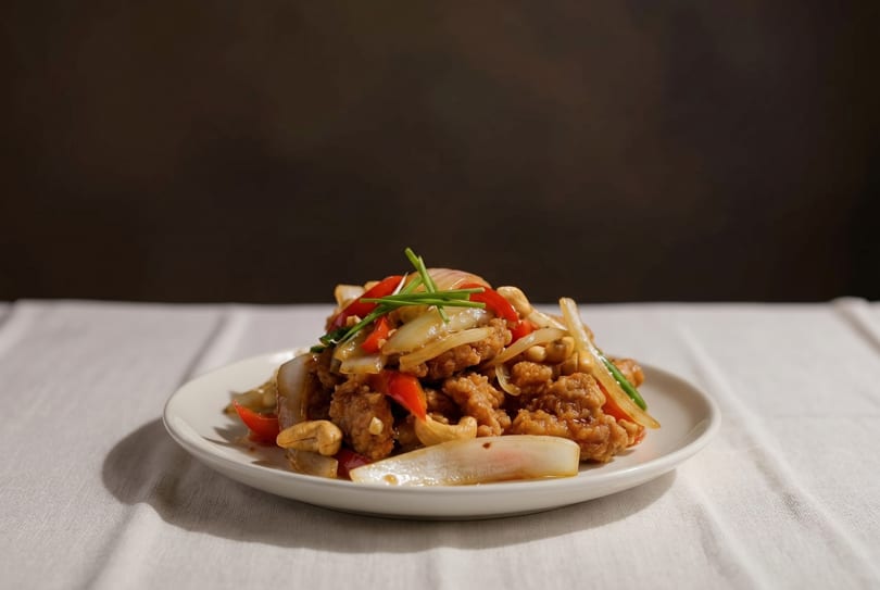 Cashew chicken stir-fry with red bell peppers, onions, and green onions on a white plate.