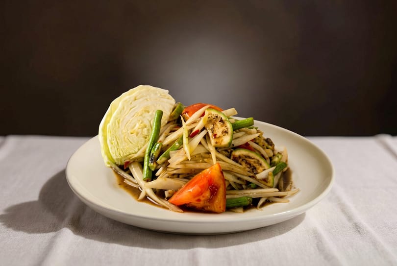 A white plate holds a vibrant Thai papaya salad with cabbage, tomatoes, and green beans.