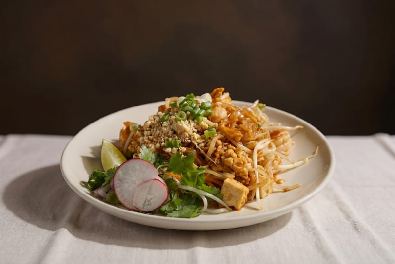 A plate of Pad Thai with shrimp, tofu, bean sprouts, peanuts, green onions, lime, and radish.