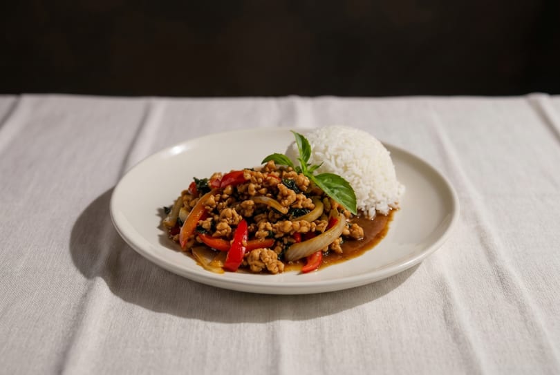 Plate of Thai basil chicken with red peppers, onions, and white rice, garnished with basil.